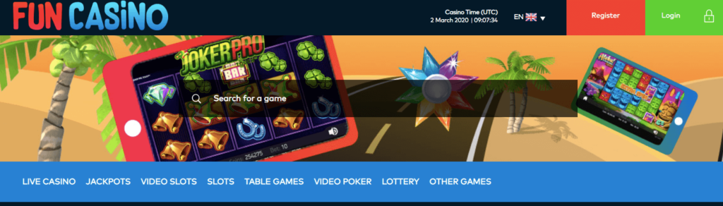 Fun Casino Homepage screenshot